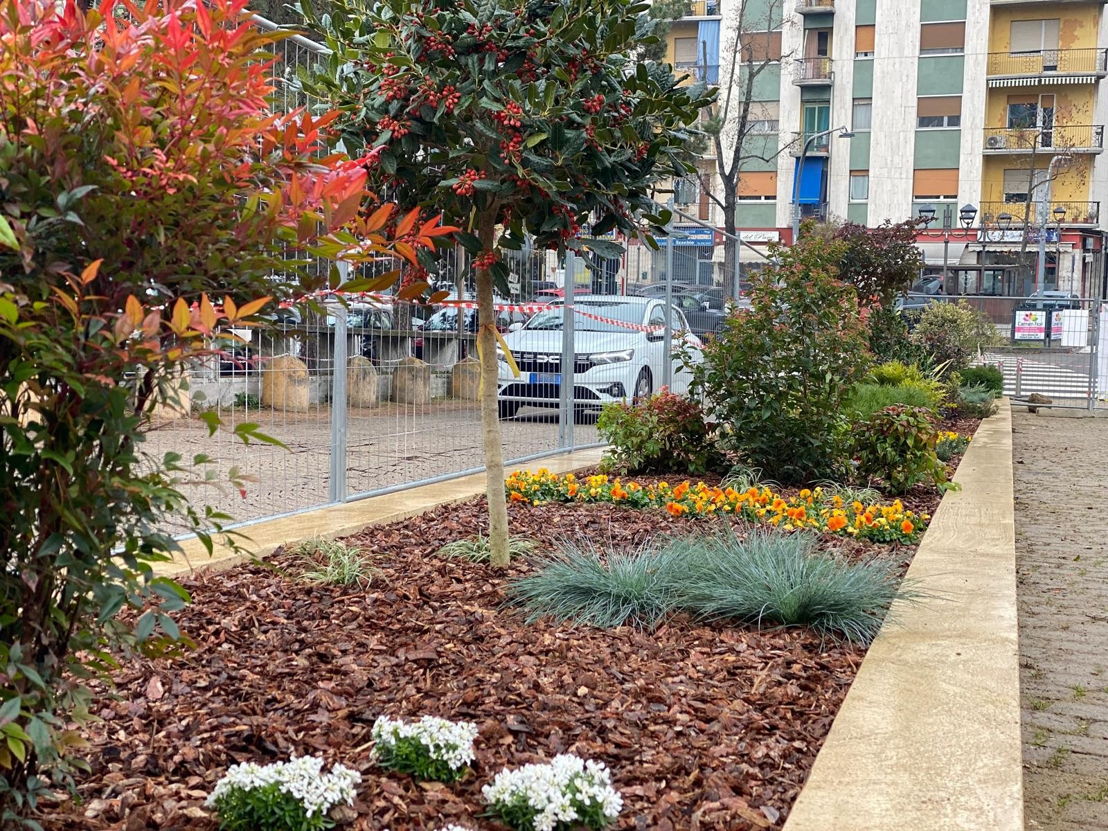 Aiuole verdi e fiorite all’ingresso dell’ospedale di Vercelli, realizzate da Garden Verdissima.